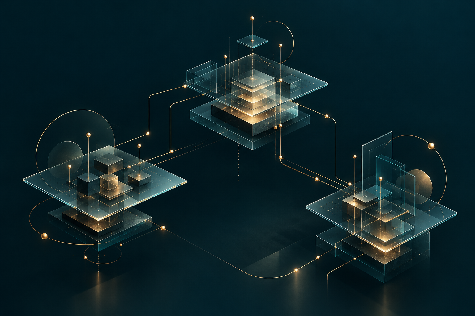 Ilustração abstrata de módulos conectados, representando arquitetura de software